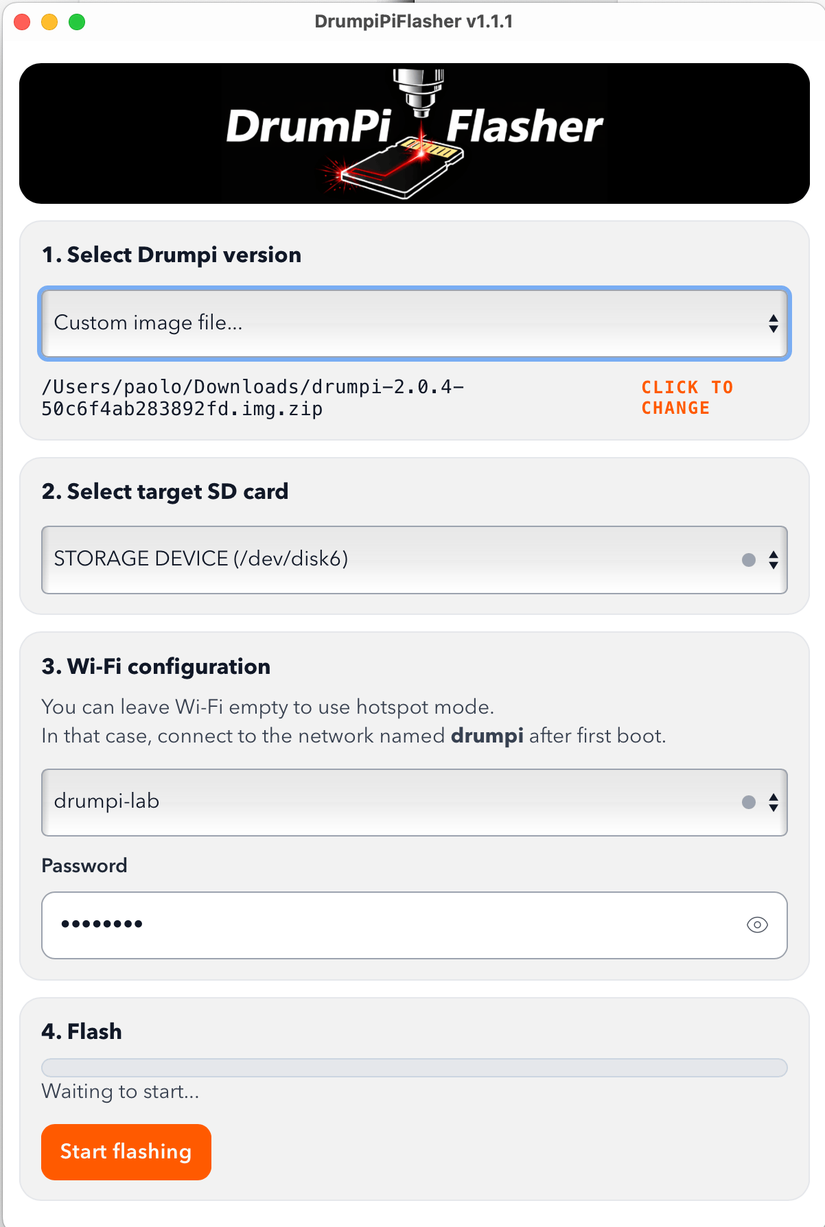 DrumPi Flasher, showing version, SD card adapter and Wi-Fi setup