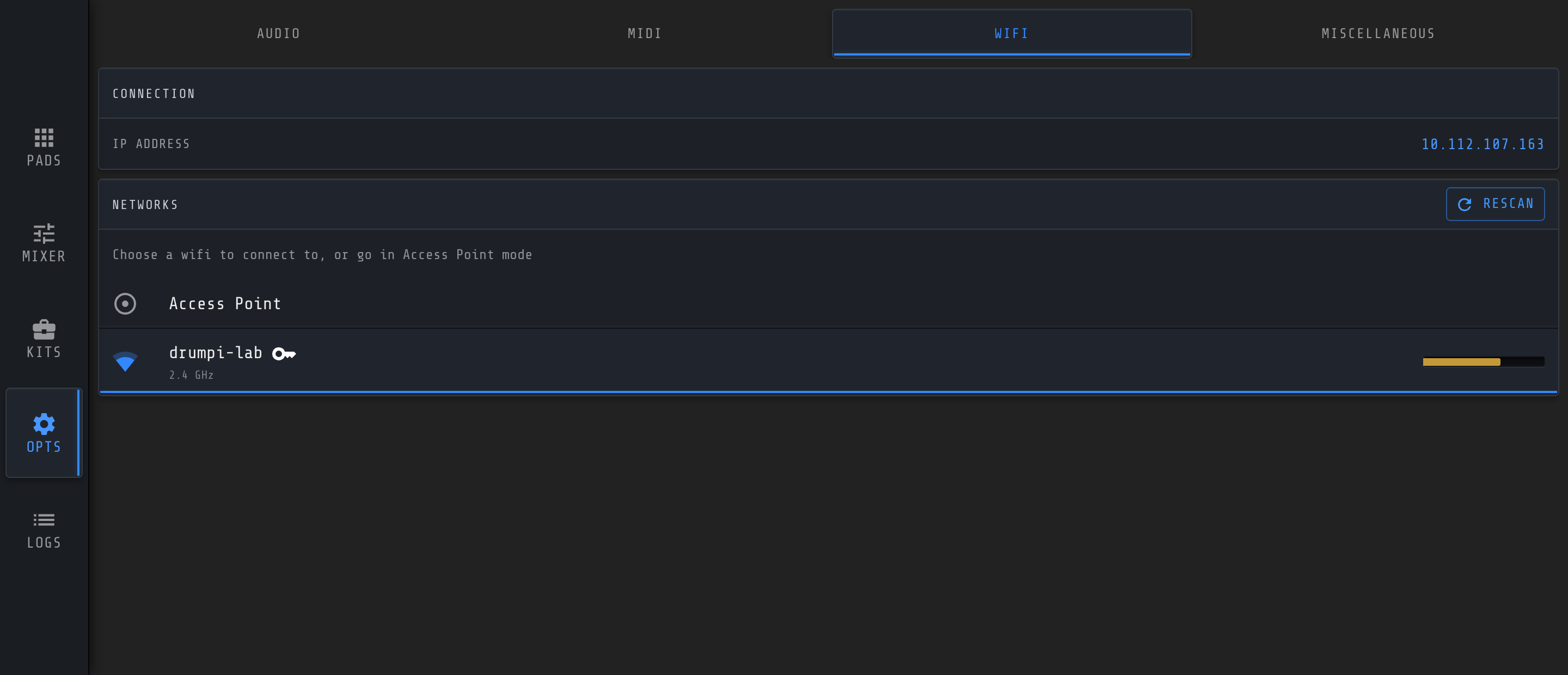 The WiFi tab, showing the address DrumPi is reachable on and the networks it can see
