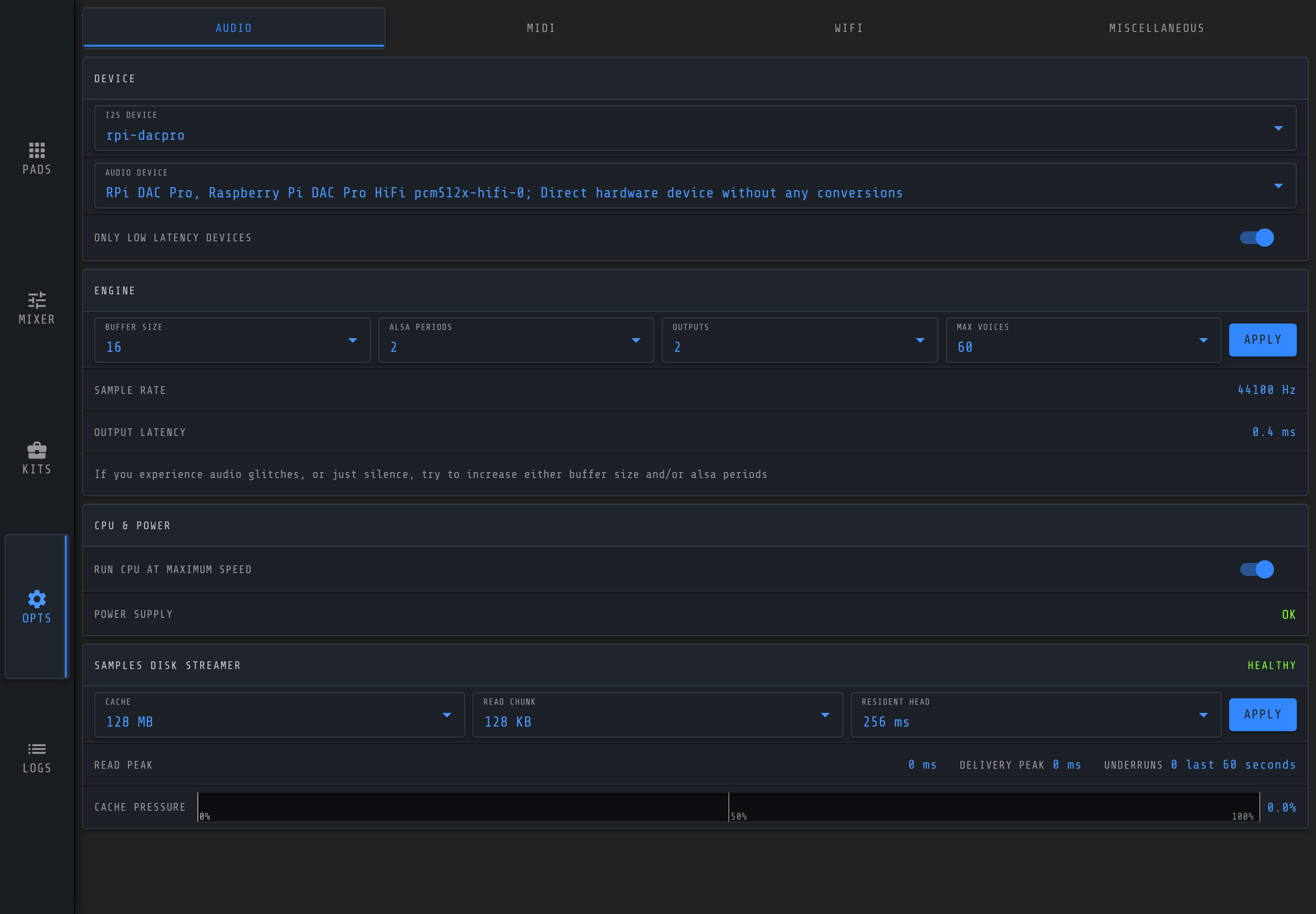The Audio tab, with I²S device, audio device, buffer size and ALSA periods