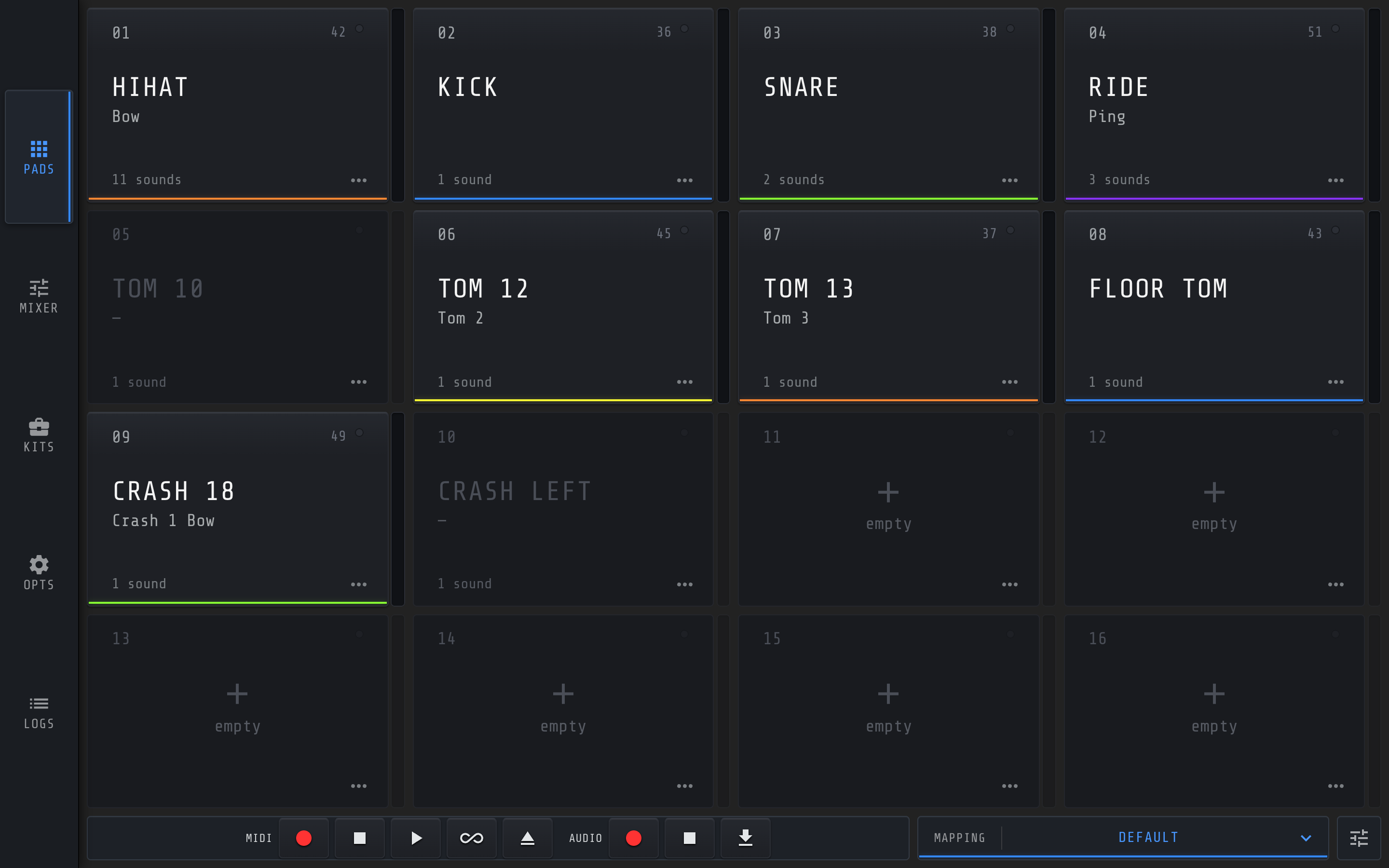 A MidiPad in the pad grid, with its settings button revealed on hover
