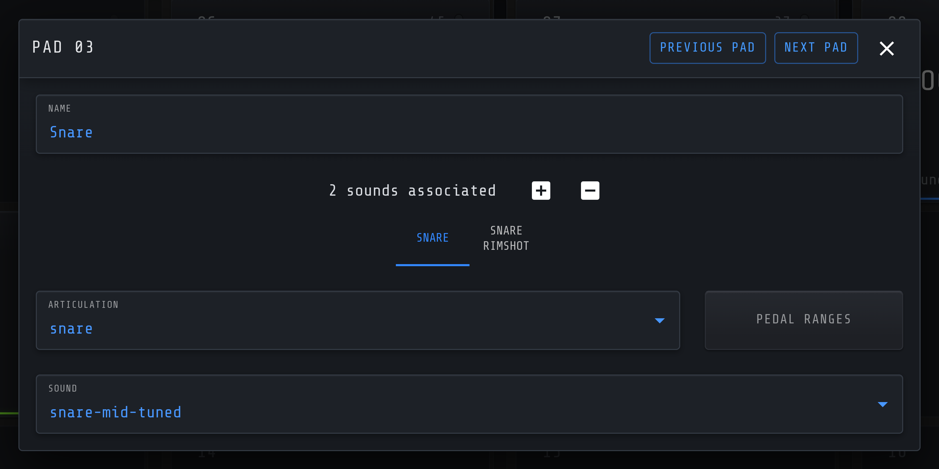 The MidiPad configuration panel, listing the sounds assigned to the pad