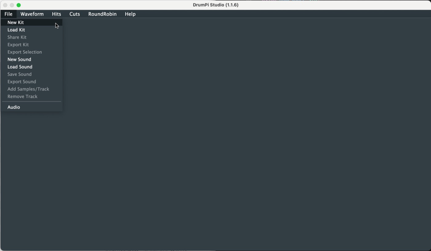 The File menu open in DrumPi Studio, with New Kit highlighted
