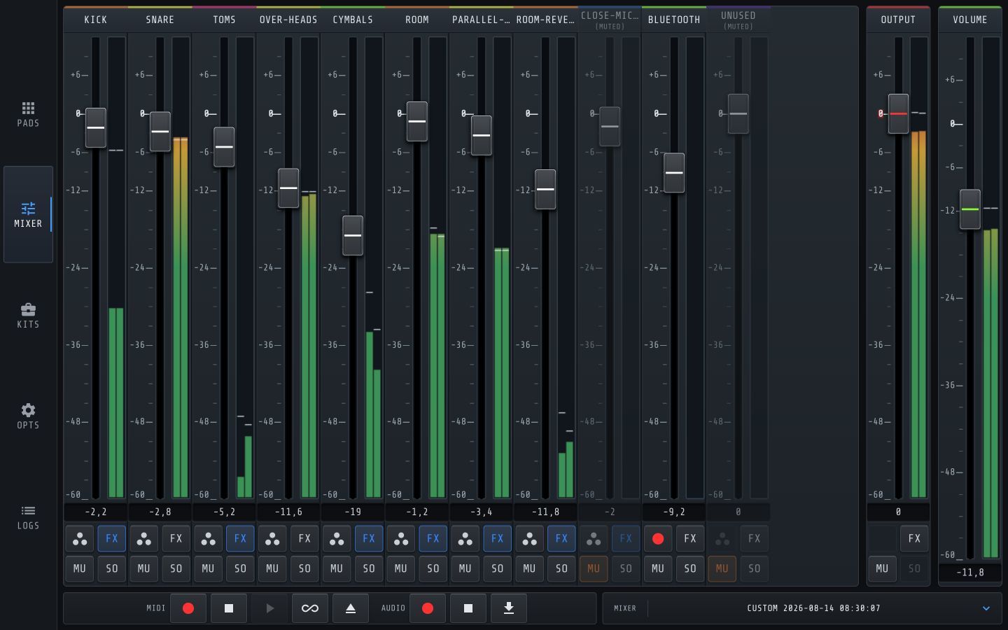 DrumPi's mixer, with live meters